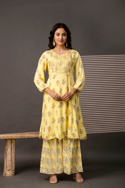 Embellished Round Neck Frock with Printed Cotton Sharara & Dual-Toned Chiffon Dupatta