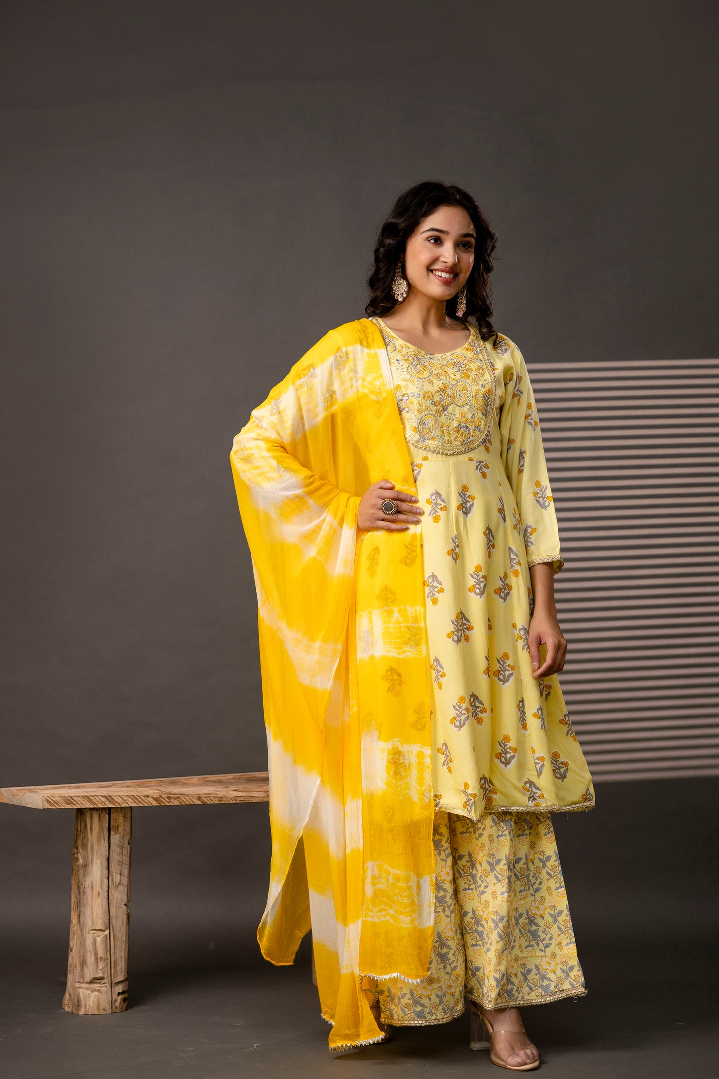 Embellished Round Neck Frock with Printed Cotton Sharara & Dual-Toned Chiffon Dupatta