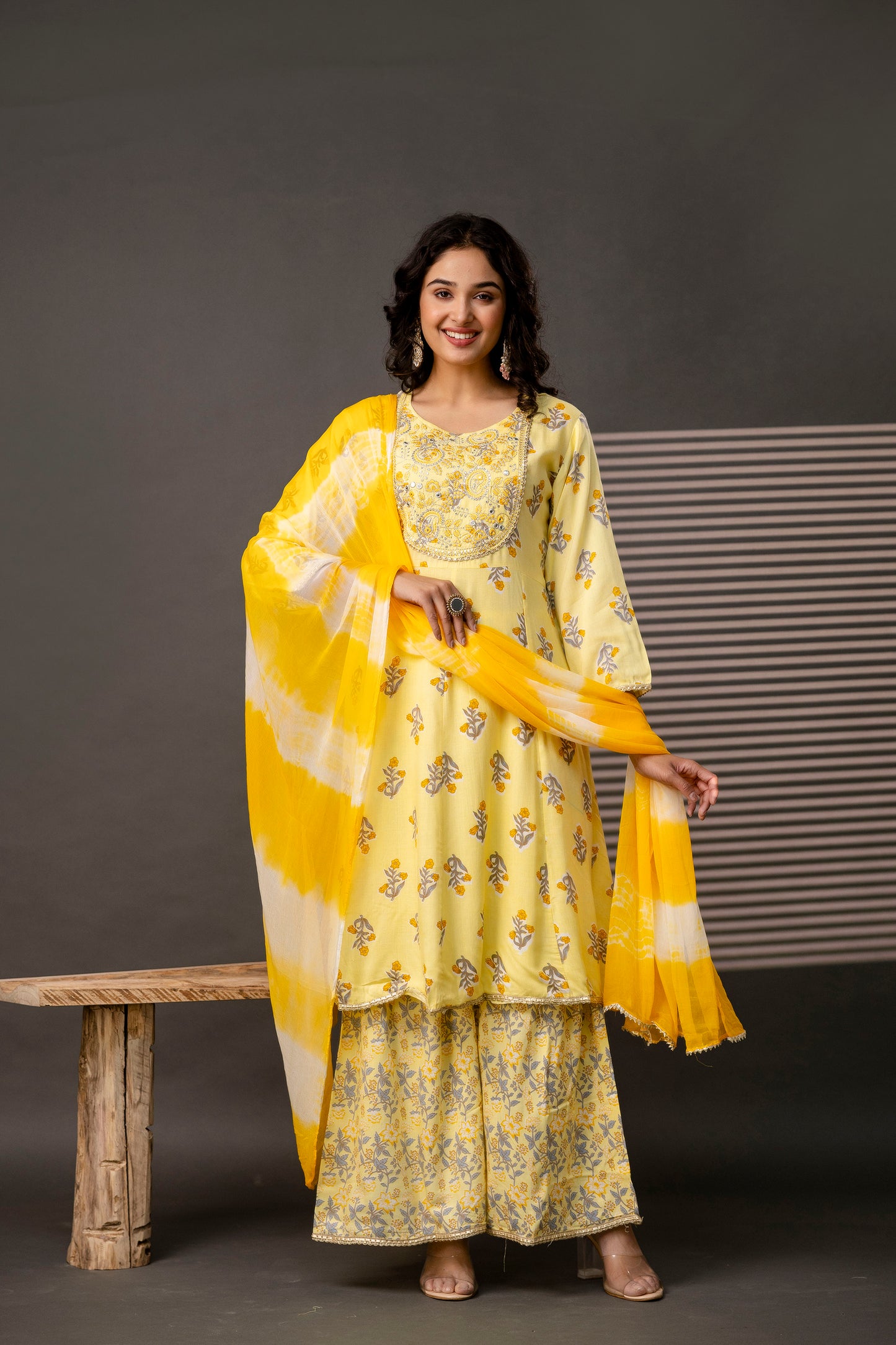 Embellished Round Neck Frock with Printed Cotton Sharara & Dual-Toned Chiffon Dupatta