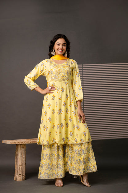 Embellished Round Neck Frock with Printed Cotton Sharara & Dual-Toned Chiffon Dupatta