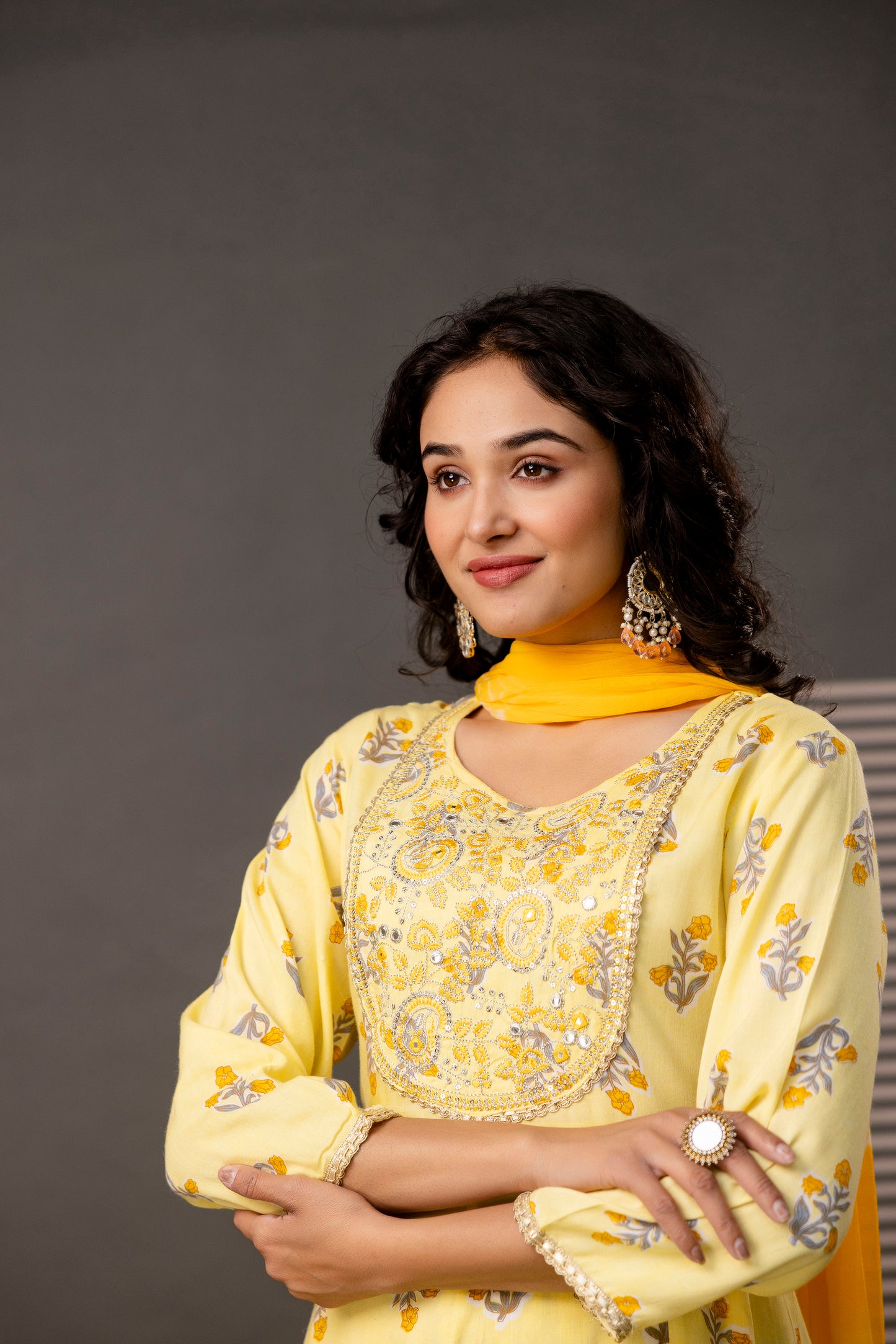 Embellished Round Neck Frock with Printed Cotton Sharara & Dual-Toned Chiffon Dupatta