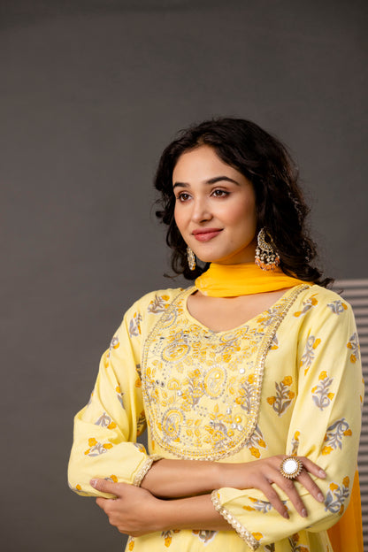 Embellished Round Neck Frock with Printed Cotton Sharara & Dual-Toned Chiffon Dupatta