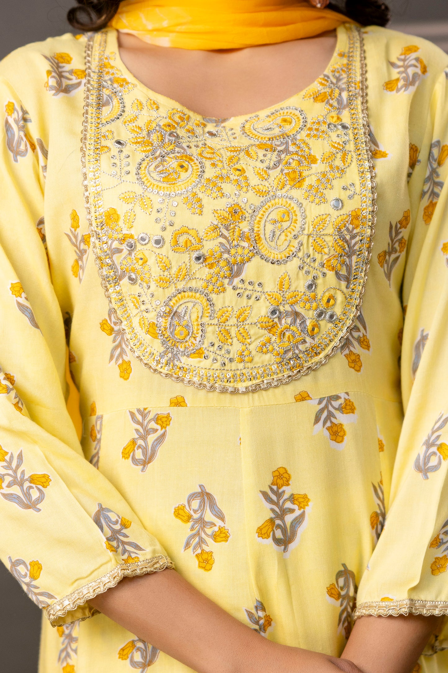Embellished Round Neck Frock with Printed Cotton Sharara & Dual-Toned Chiffon Dupatta