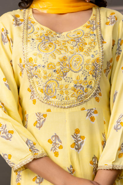 Embellished Round Neck Frock with Printed Cotton Sharara & Dual-Toned Chiffon Dupatta