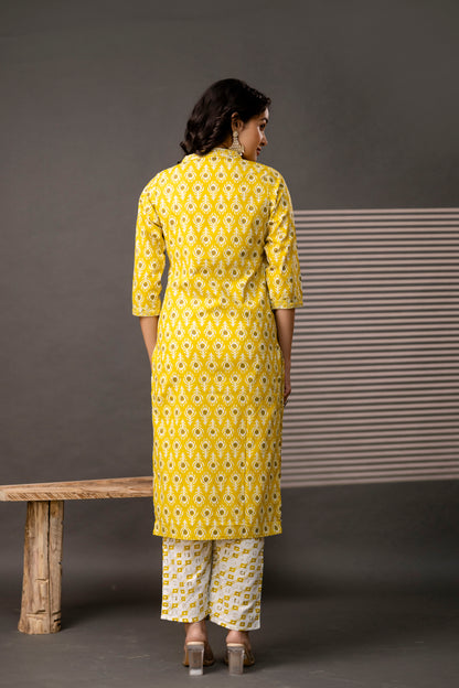 V-Neck Kurti with Thread Embroidery, Printed Trouser & Dupatta