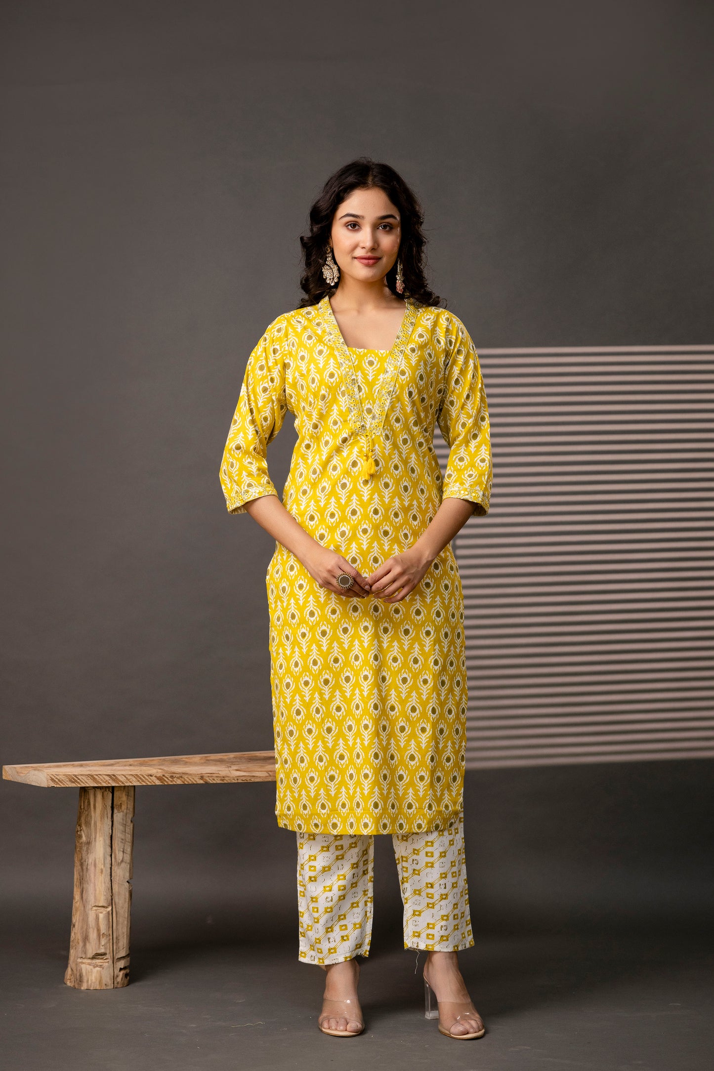 V-Neck Kurti with Thread Embroidery, Printed Trouser & Dupatta