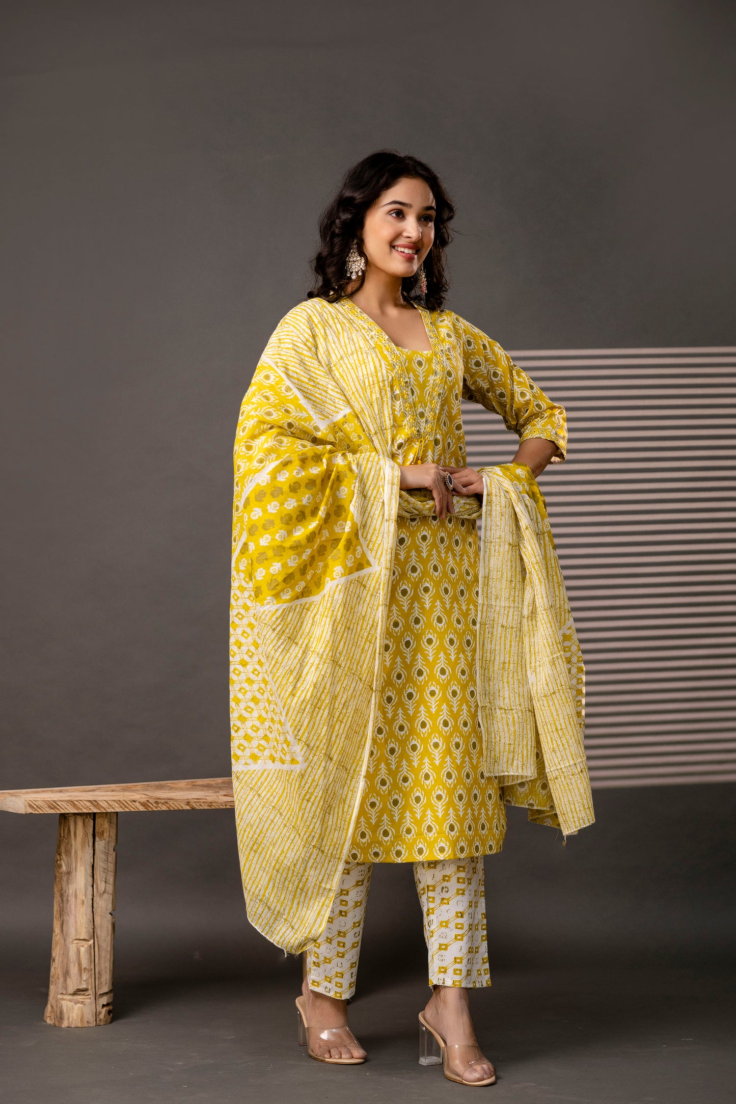 V-Neck Kurti with Thread Embroidery, Printed Trouser & Dupatta