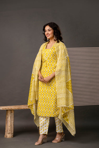 V-Neck Kurti with Thread Embroidery, Printed Trouser & Dupatta