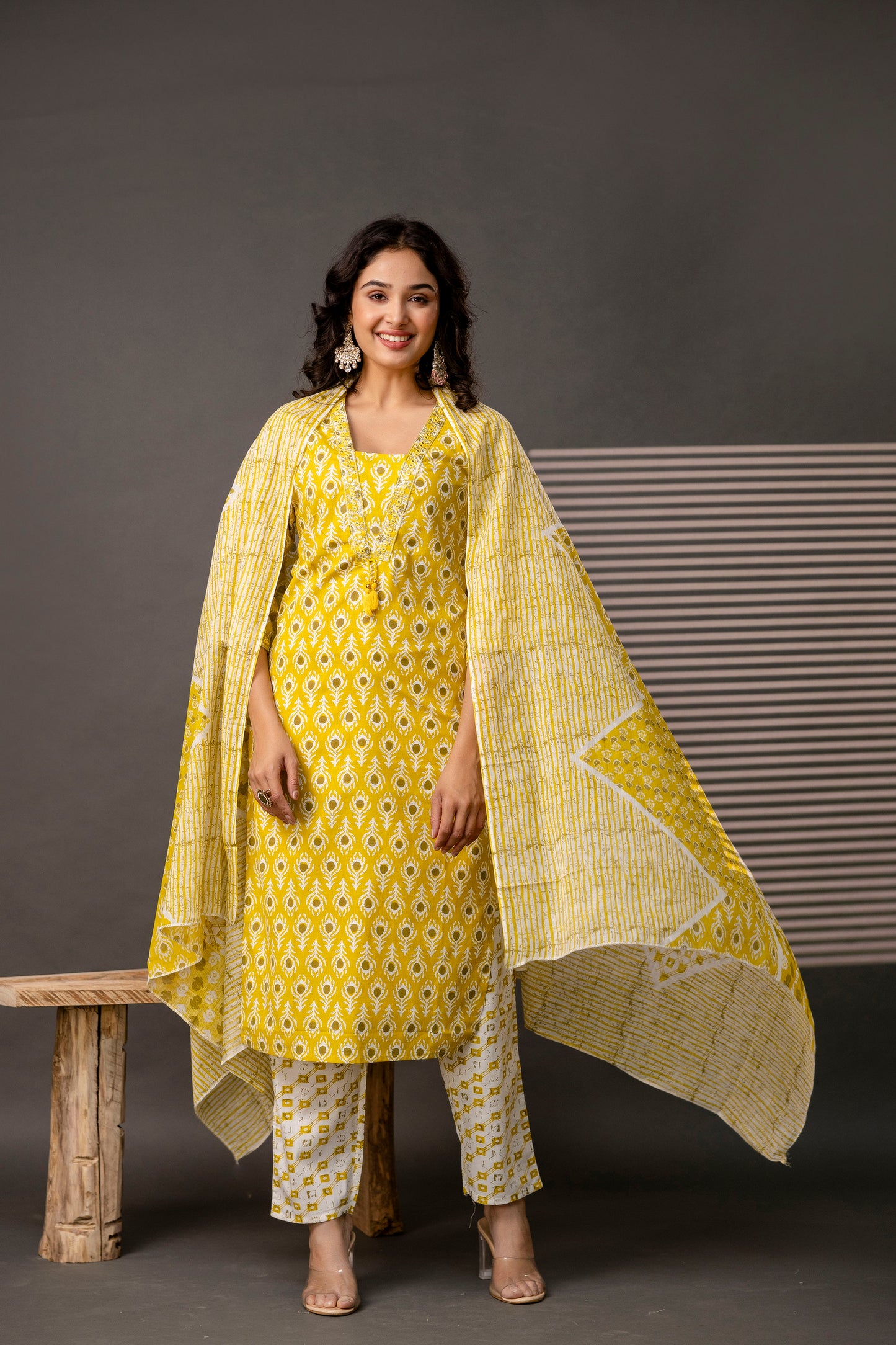 V-Neck Kurti with Thread Embroidery, Printed Trouser & Dupatta