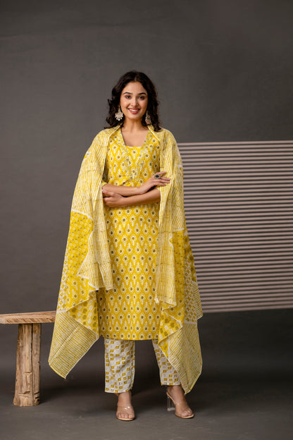 V-Neck Kurti with Thread Embroidery, Printed Trouser & Dupatta