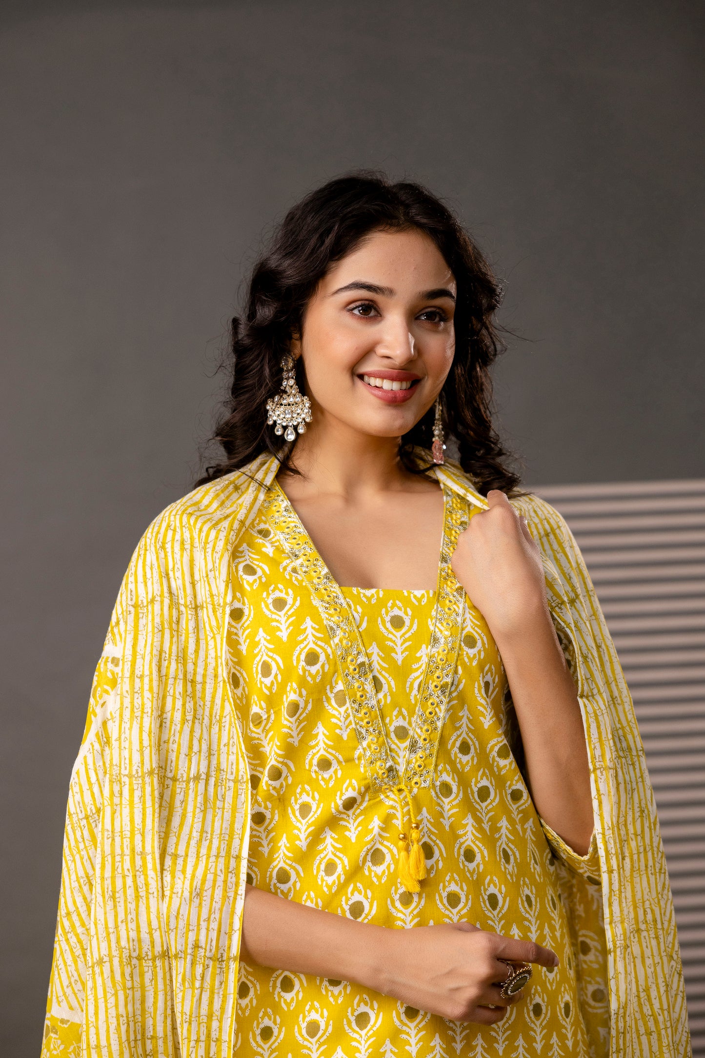 V-Neck Kurti with Thread Embroidery, Printed Trouser & Dupatta