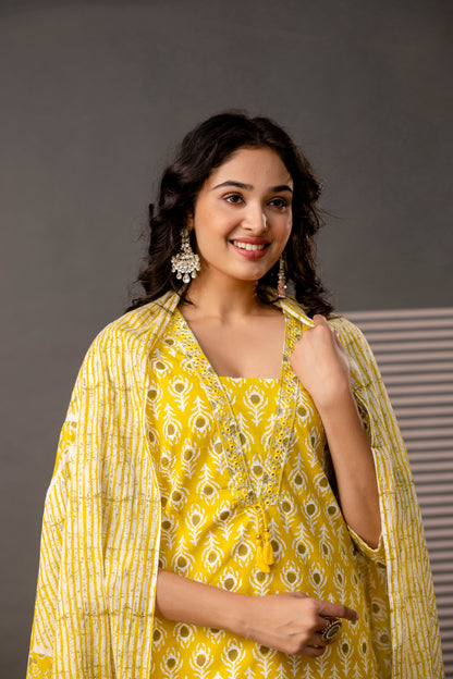 V-Neck Kurti with Thread Embroidery, Printed Trouser & Dupatta