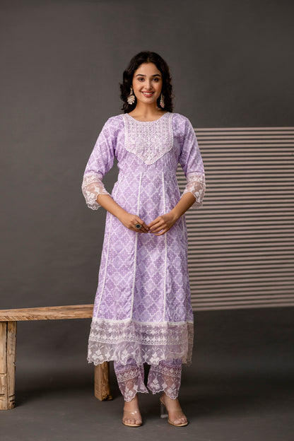 Stylish Printed Frock with Thread Embroidery, Coordinated Trouser & Embellished Dupatta