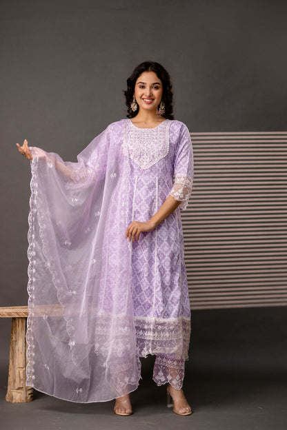 Stylish Printed Frock with Thread Embroidery, Coordinated Trouser & Embellished Dupatta