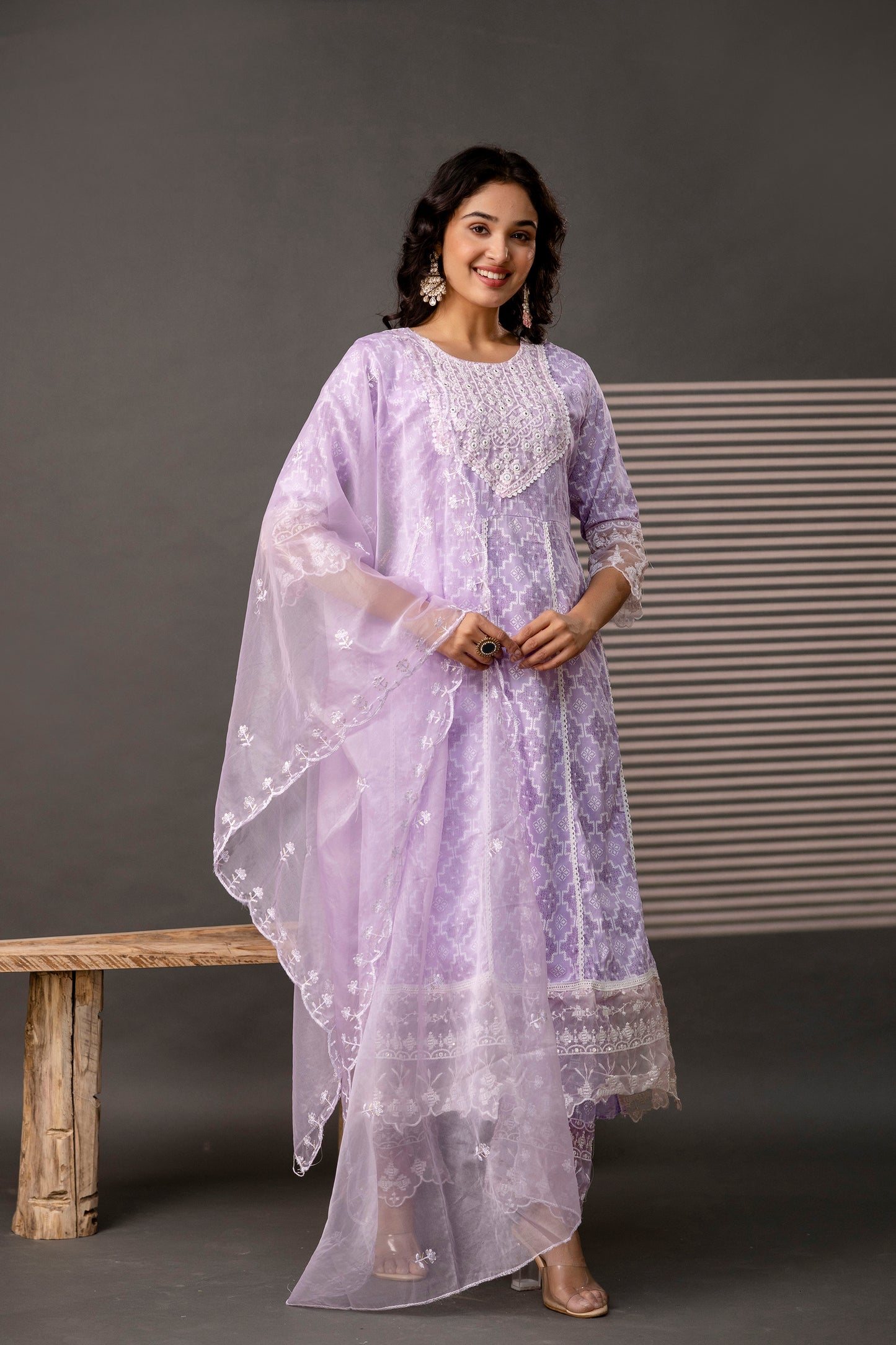 Stylish Printed Frock with Thread Embroidery, Coordinated Trouser & Embellished Dupatta