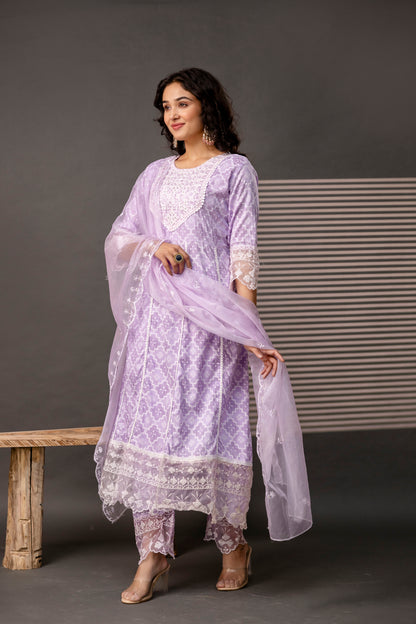 Stylish Printed Frock with Thread Embroidery, Coordinated Trouser & Embellished Dupatta