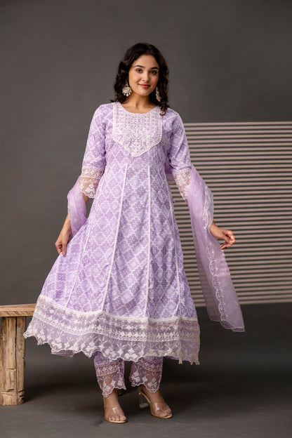 Stylish Printed Frock with Thread Embroidery, Coordinated Trouser & Embellished Dupatta