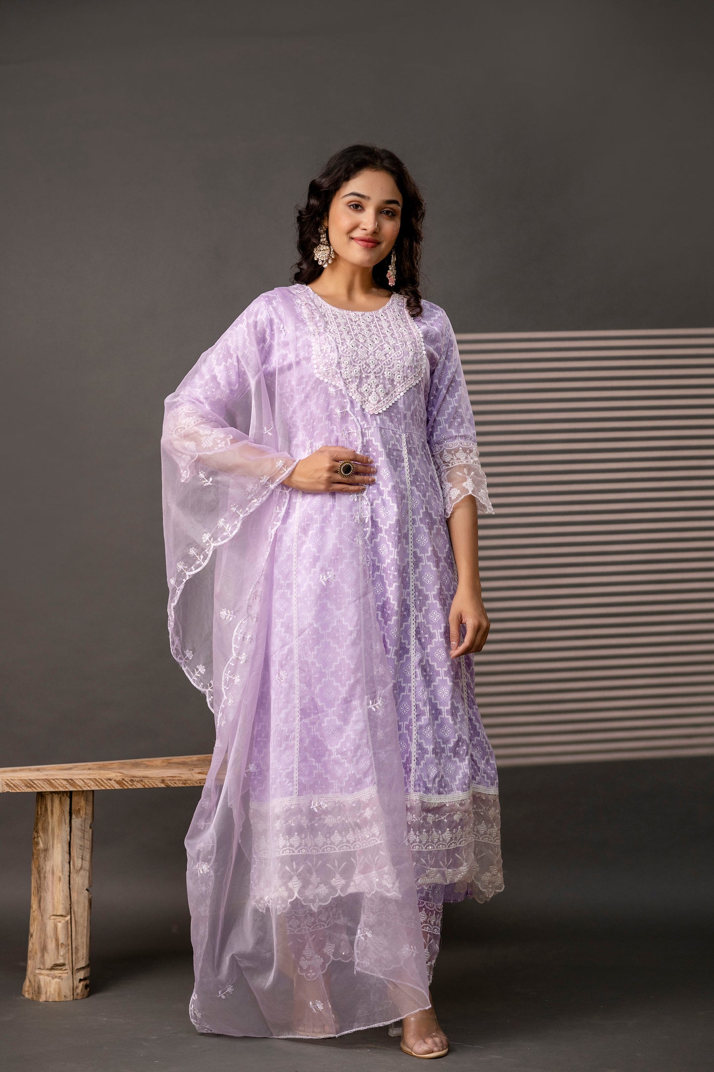 Stylish Printed Frock with Thread Embroidery, Coordinated Trouser & Embellished Dupatta