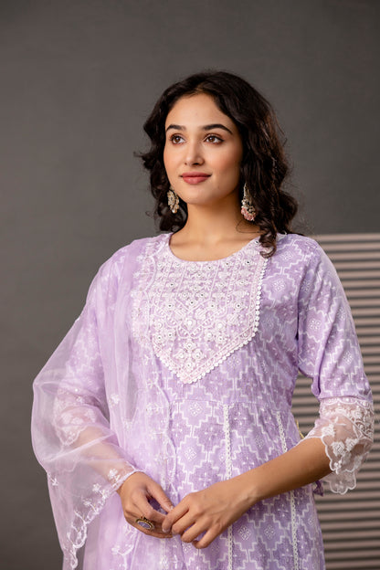 Stylish Printed Frock with Thread Embroidery, Coordinated Trouser & Embellished Dupatta