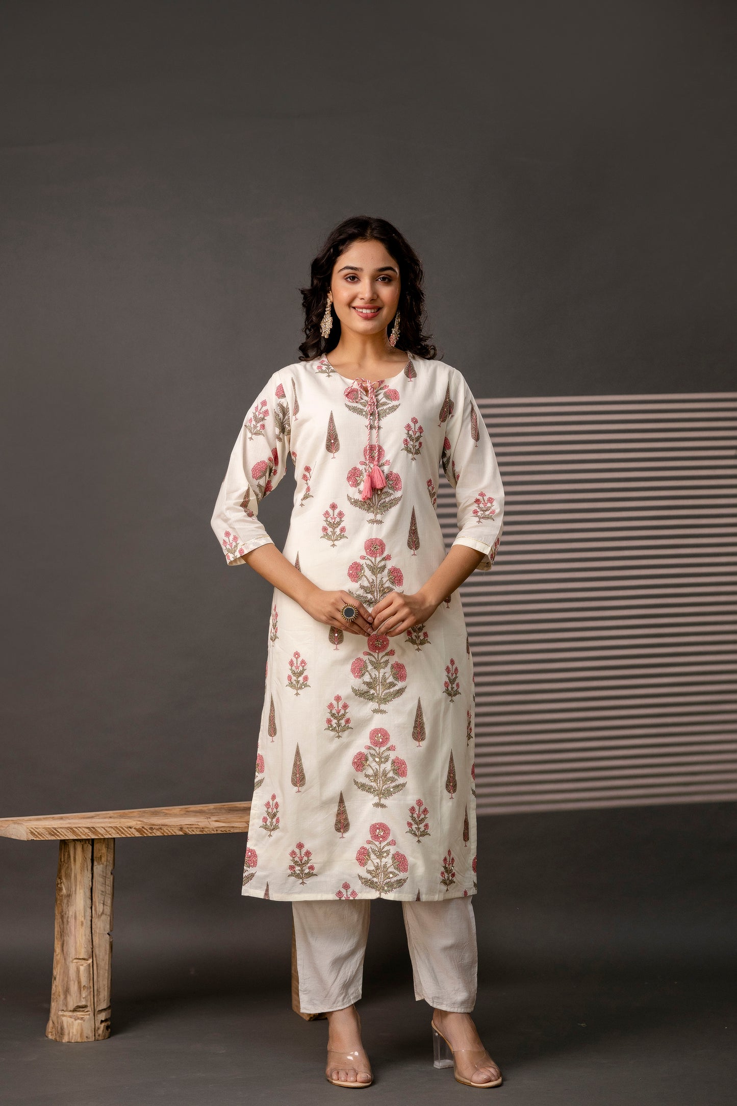 Printed Kurti with Jari Detailing, Plain Trousers & Decorative Dupatta