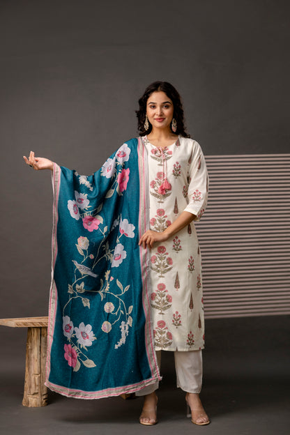 Printed Kurti with Jari Detailing, Plain Trousers & Decorative Dupatta