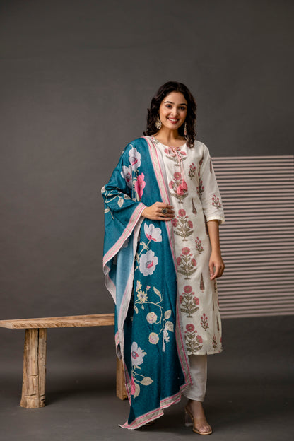 Printed Kurti with Jari Detailing, Plain Trousers & Decorative Dupatta
