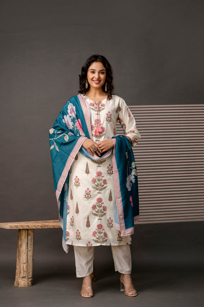 Printed Kurti with Jari Detailing, Plain Trousers & Decorative Dupatta