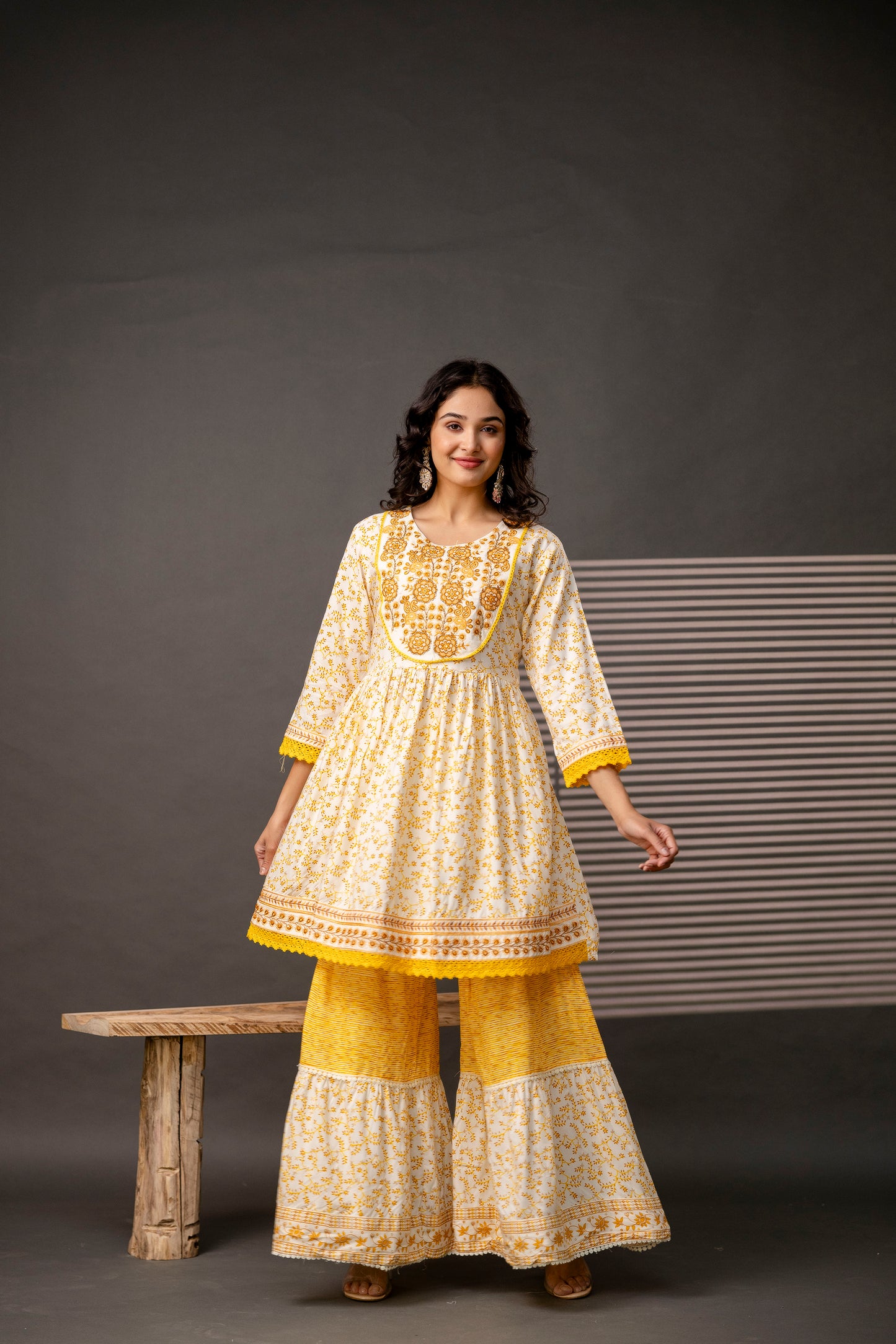 Cotton Thread Worked Kurti with Printed Sharara & Dupatta
