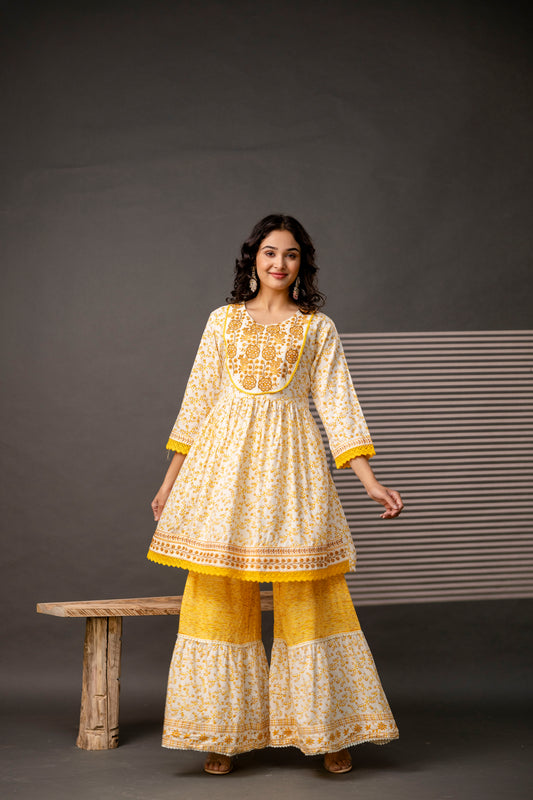 Cotton Thread Worked Kurti with Printed Sharara & Dupatta