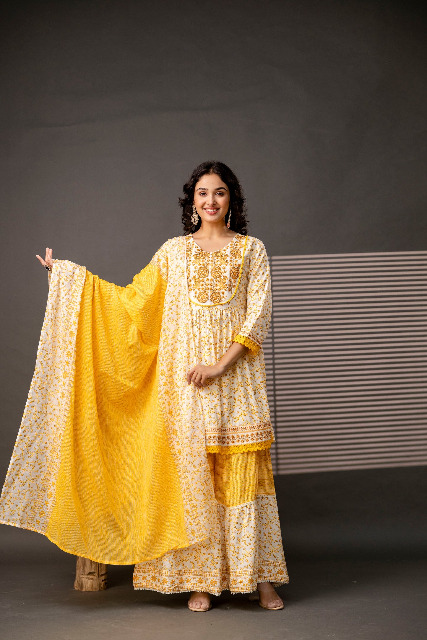 Cotton Thread Worked Kurti with Printed Sharara & Dupatta