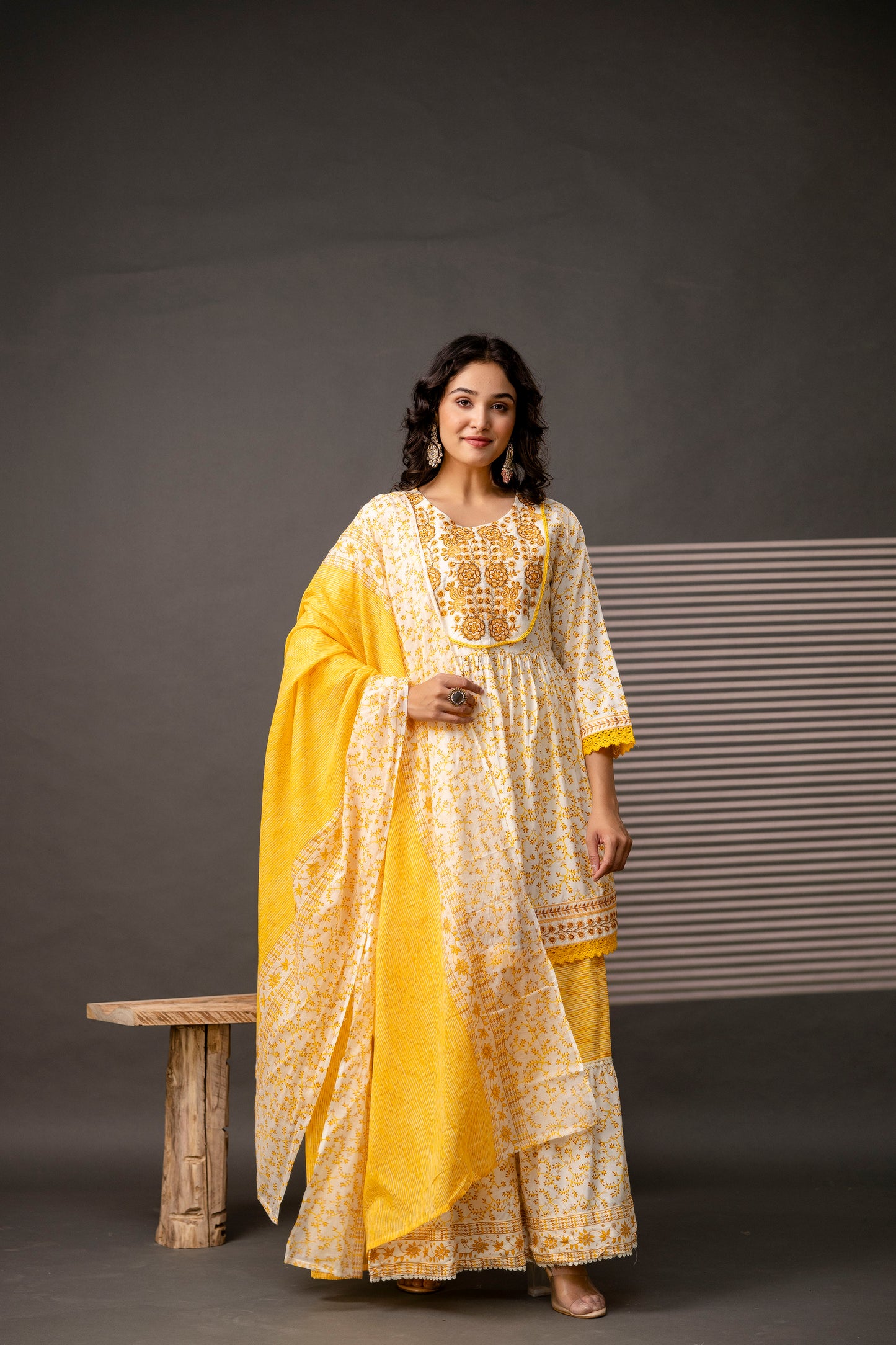 Cotton Thread Worked Kurti with Printed Sharara & Dupatta