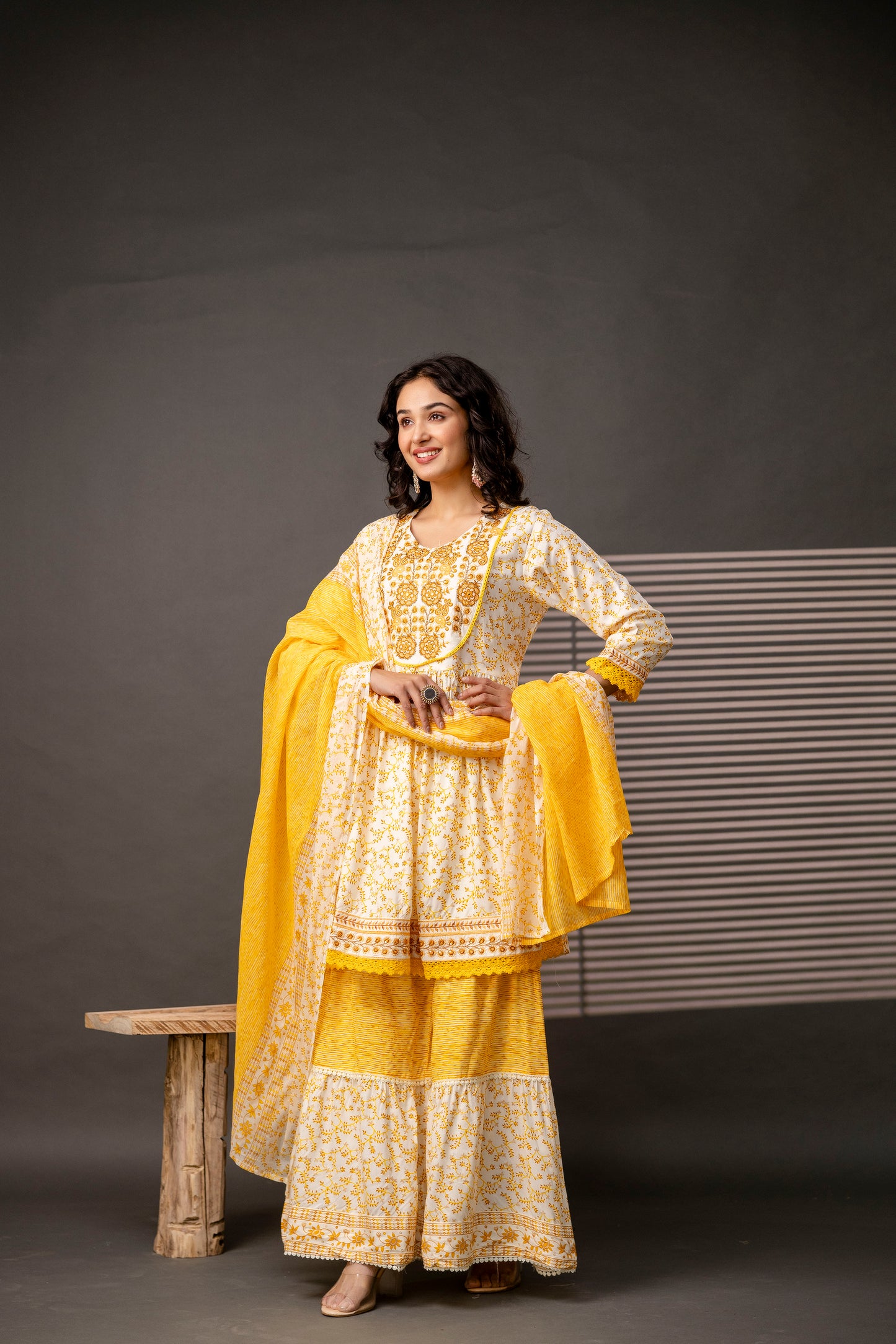 Cotton Thread Worked Kurti with Printed Sharara & Dupatta