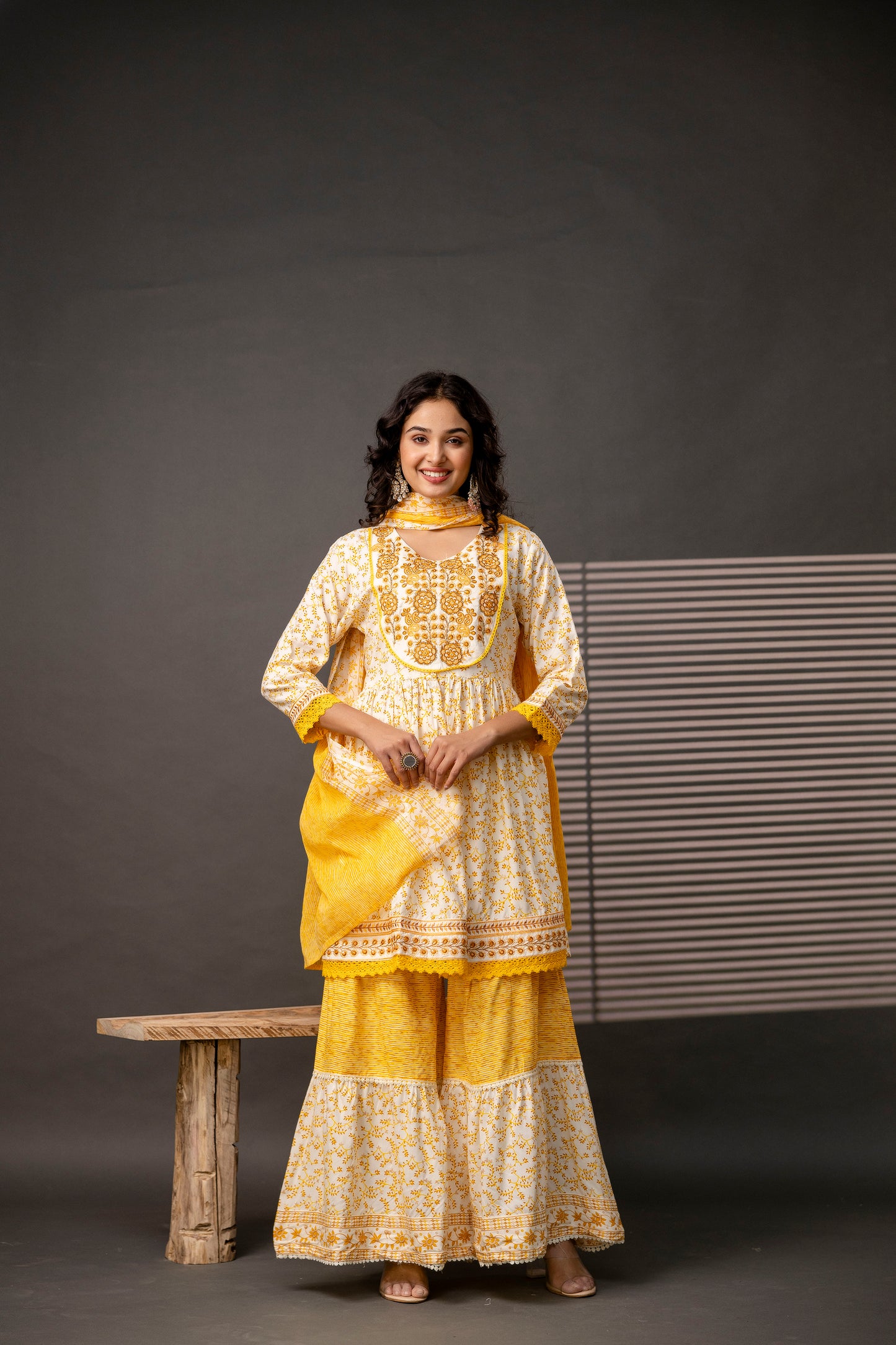 Cotton Thread Worked Kurti with Printed Sharara & Dupatta