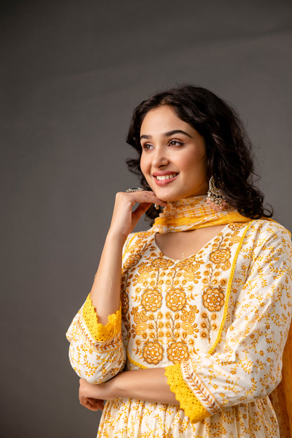 Cotton Thread Worked Kurti with Printed Sharara & Dupatta