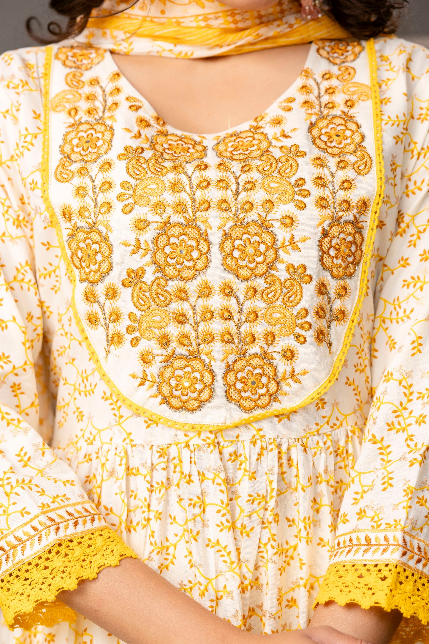 Cotton Thread Worked Kurti with Printed Sharara & Dupatta