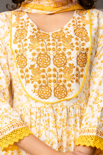 Cotton Thread Worked Kurti with Printed Sharara & Dupatta