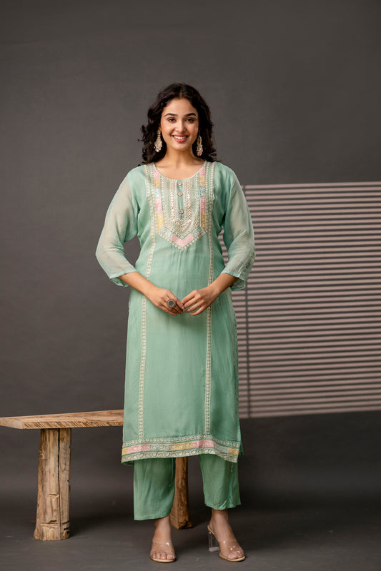 Resham Worked Kurti with Round Neck, Thread Worked Dupatta & Plain Pants