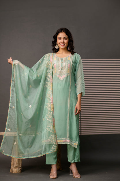 Resham Worked Kurti with Round Neck, Thread Worked Dupatta & Plain Pants