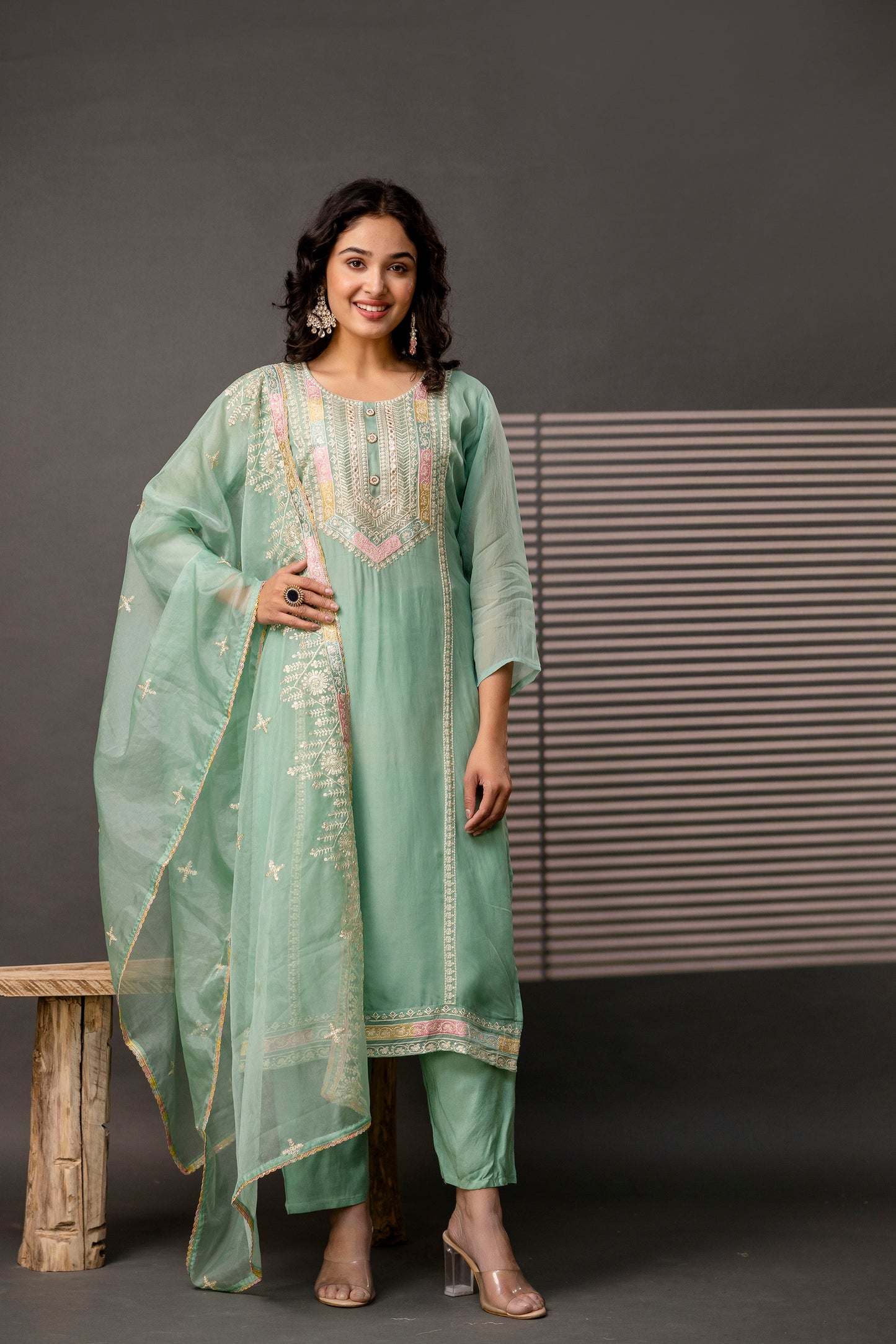 Resham Worked Kurti with Round Neck, Thread Worked Dupatta & Plain Pants