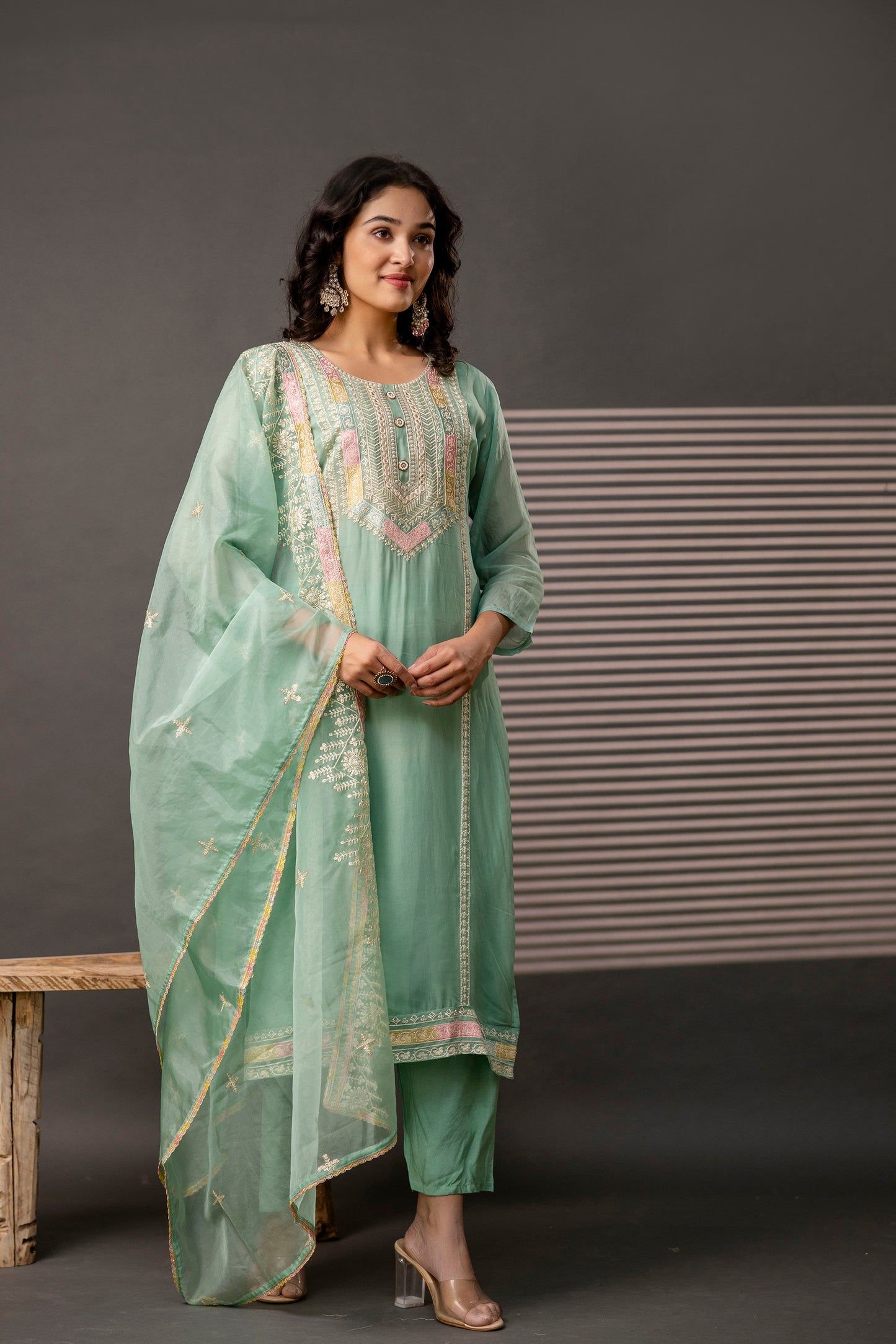Resham Worked Kurti with Round Neck, Thread Worked Dupatta & Plain Pants