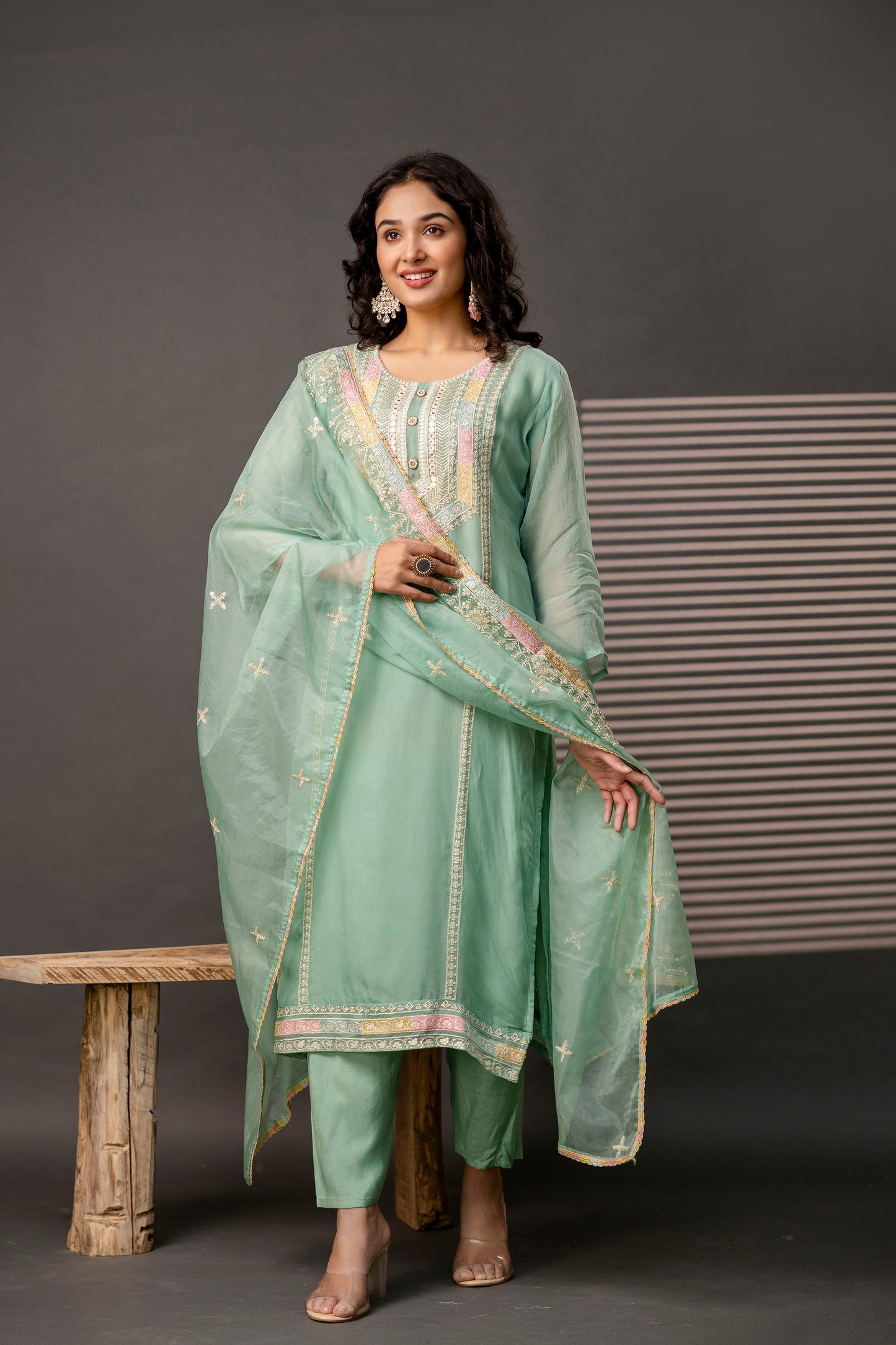 Resham Worked Kurti with Round Neck, Thread Worked Dupatta & Plain Pants