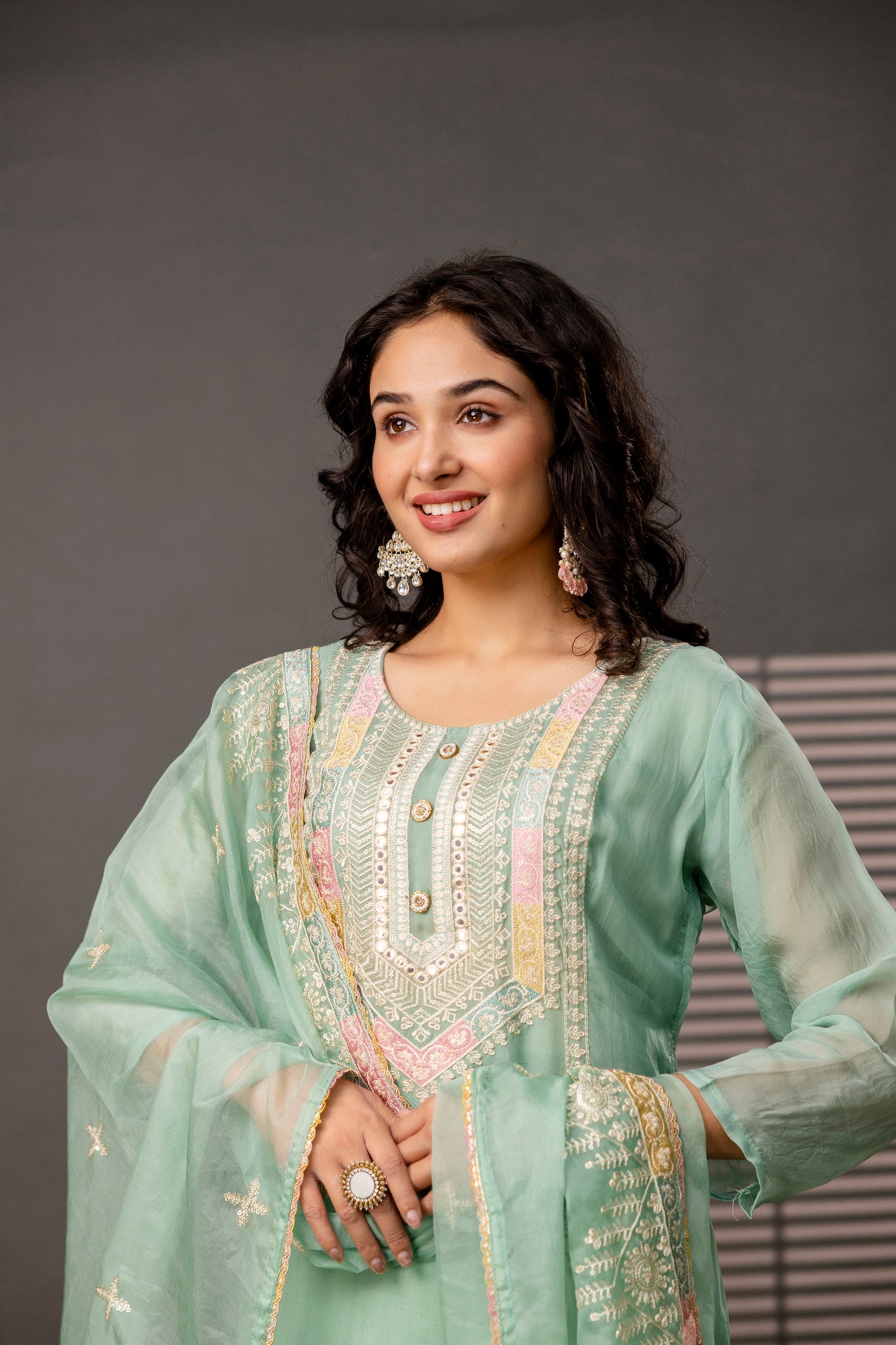 Resham Worked Kurti with Round Neck, Thread Worked Dupatta & Plain Pants