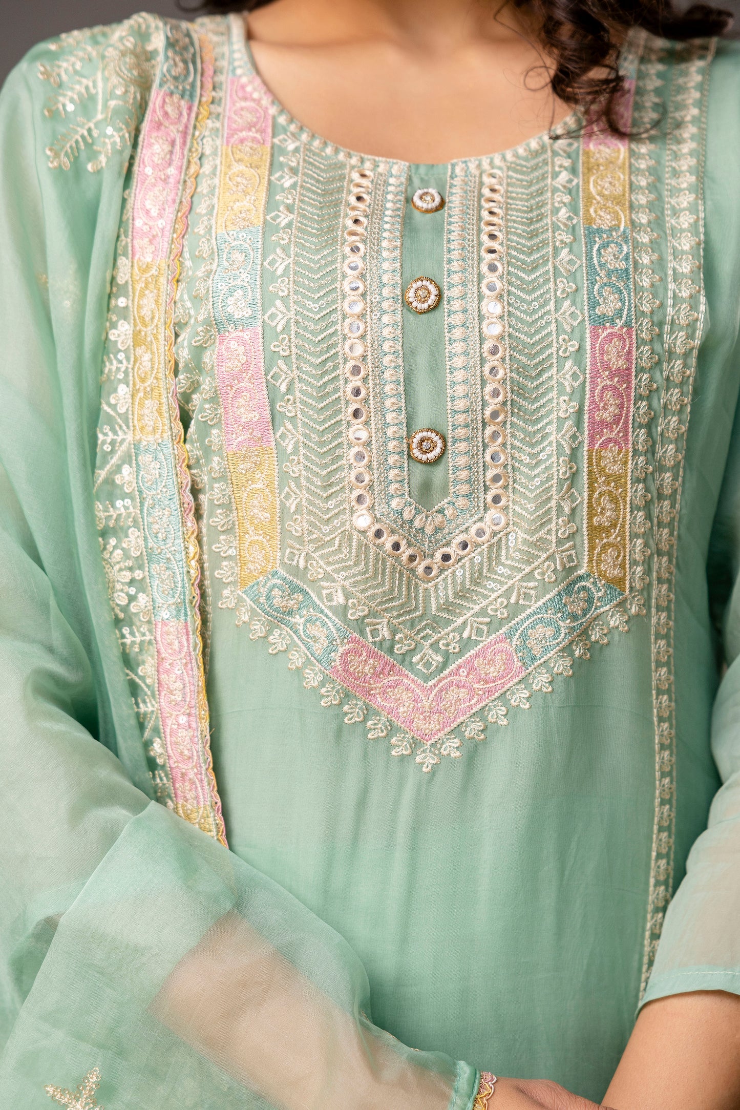 Resham Worked Kurti with Round Neck, Thread Worked Dupatta & Plain Pants