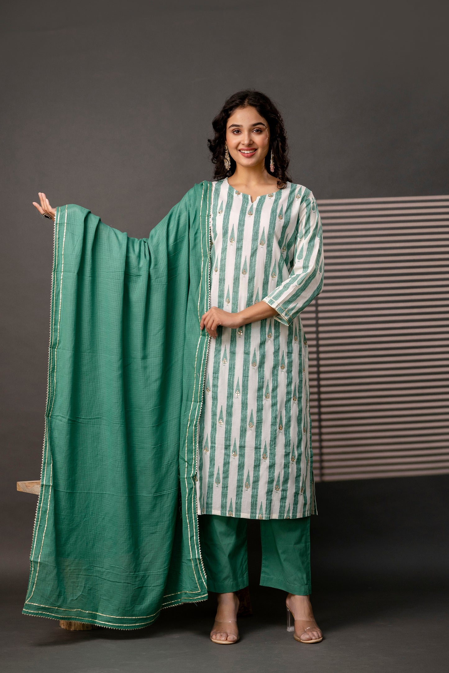 Printed Kurti with Gotta Patti Work, Plain Dupatta & Plain Trouser