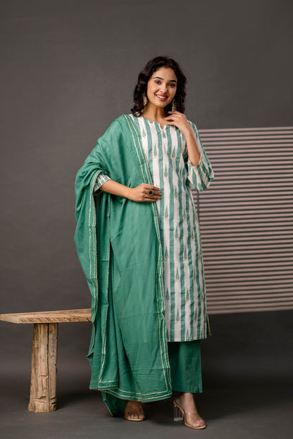 Printed Kurti with Gotta Patti Work, Plain Dupatta & Plain Trouser