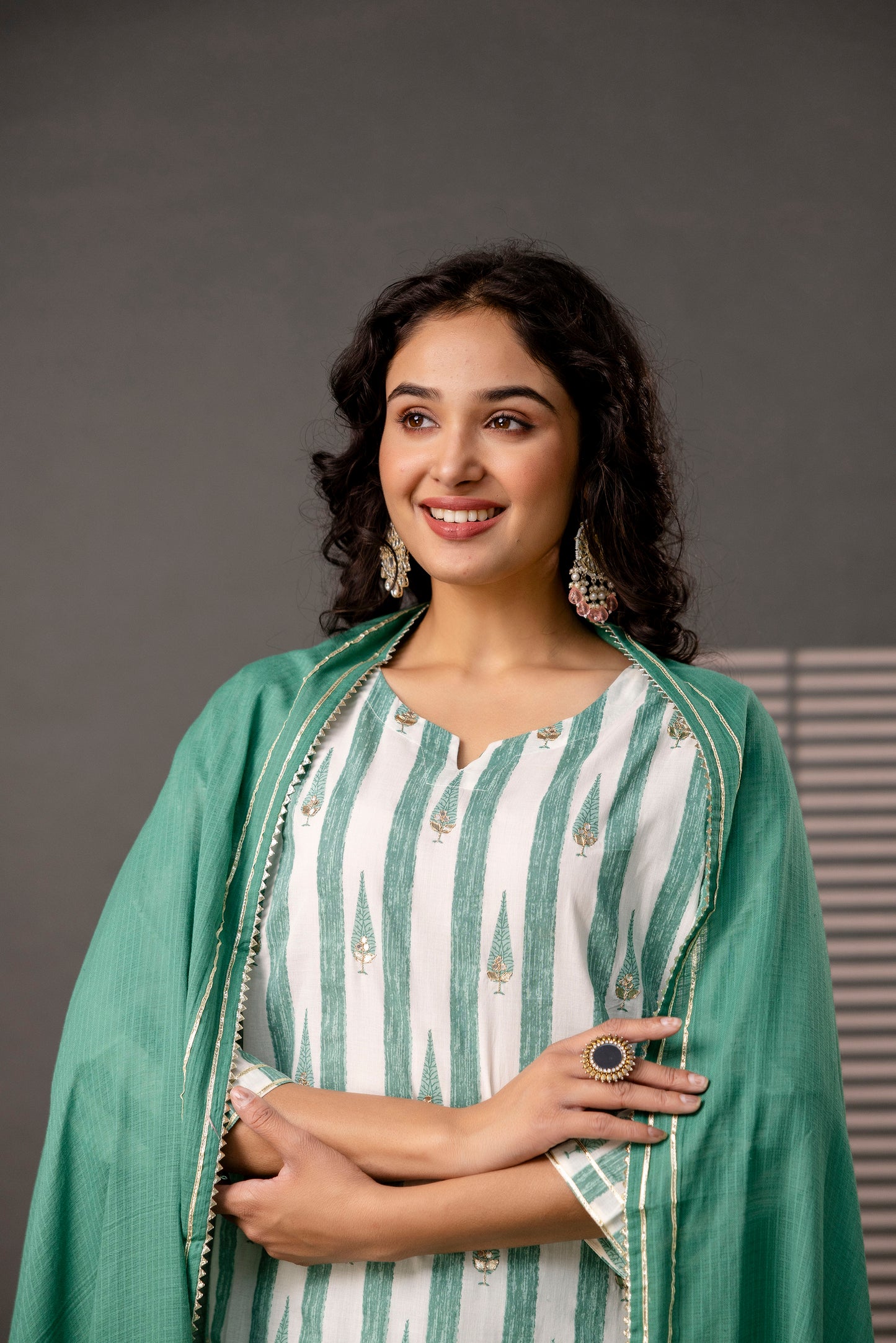 Printed Kurti with Gotta Patti Work, Plain Dupatta & Plain Trouser