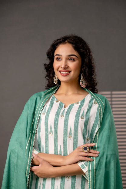 Printed Kurti with Gotta Patti Work, Plain Dupatta & Plain Trouser