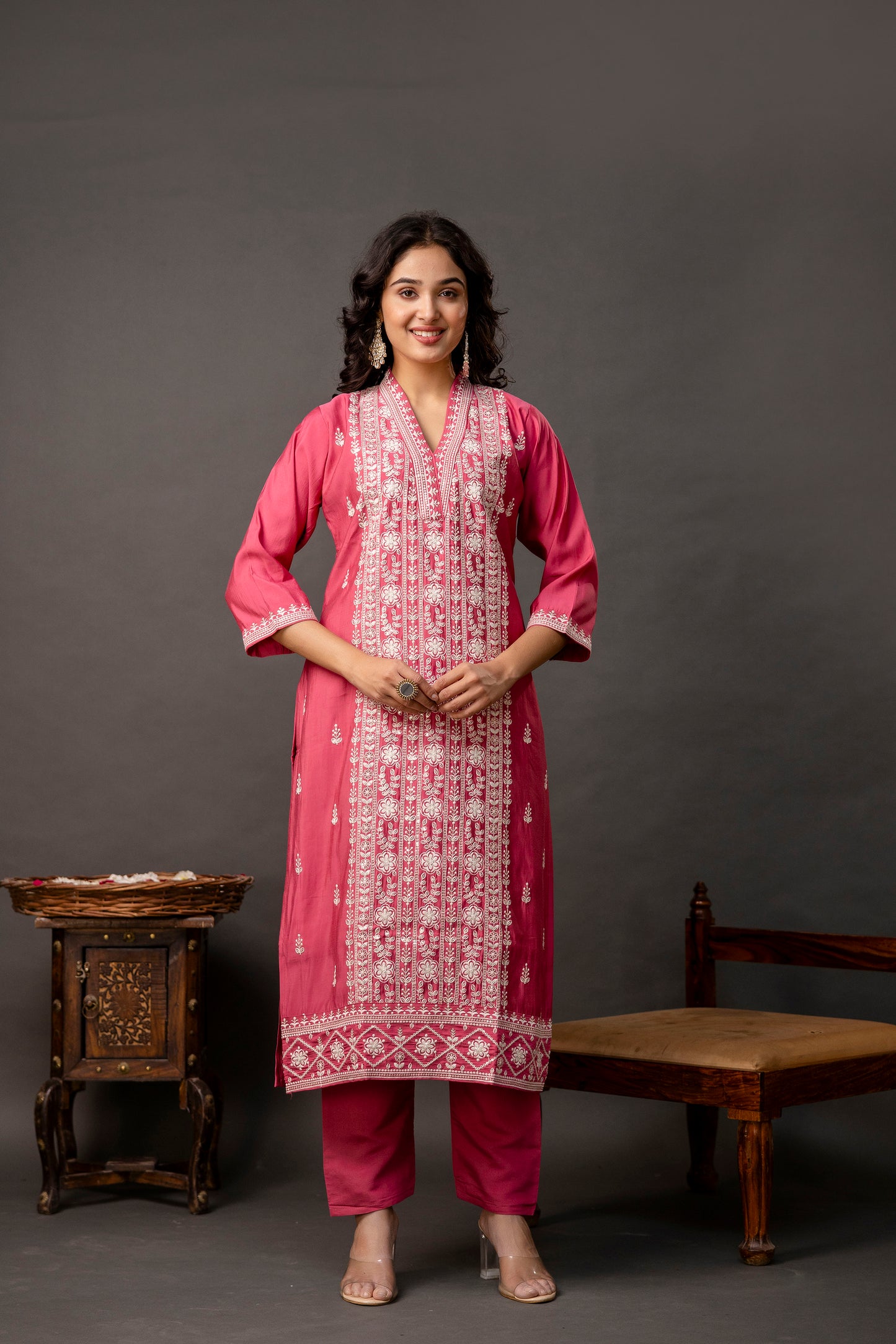 Resham & Sequined Embellished Kurti with Plain Trouser & Dupatta