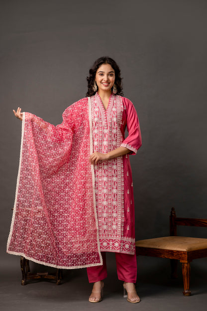 Resham & Sequined Embellished Kurti with Plain Trouser & Dupatta