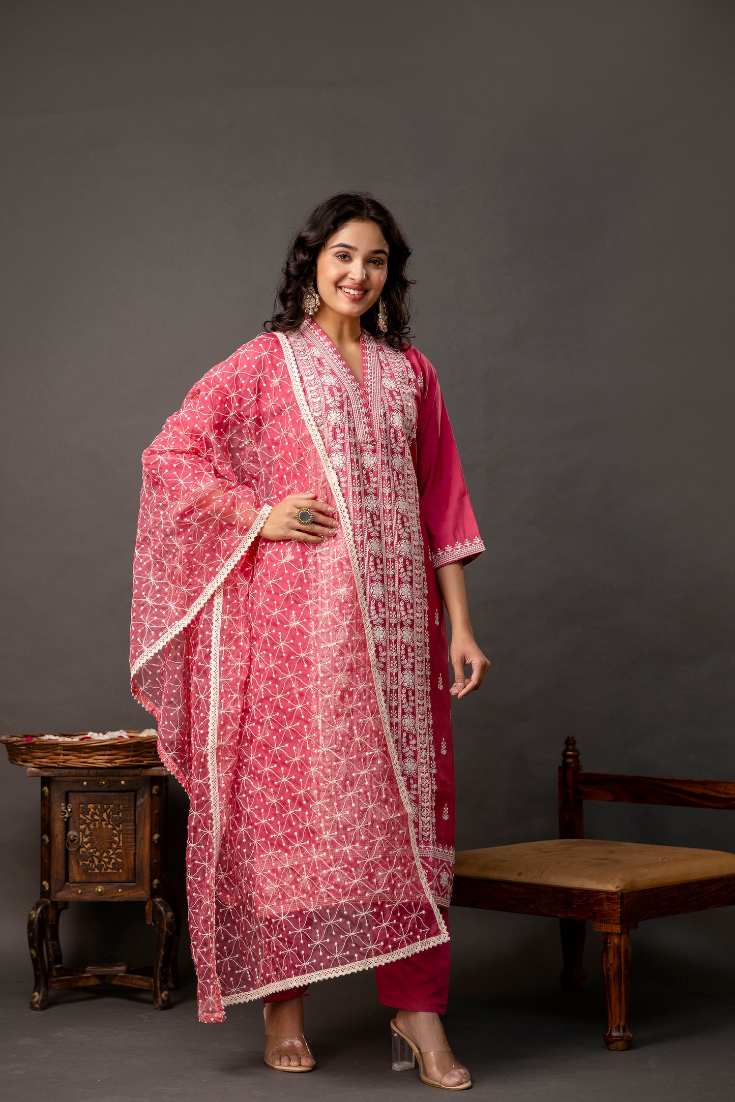 Resham & Sequined Embellished Kurti with Plain Trouser & Dupatta